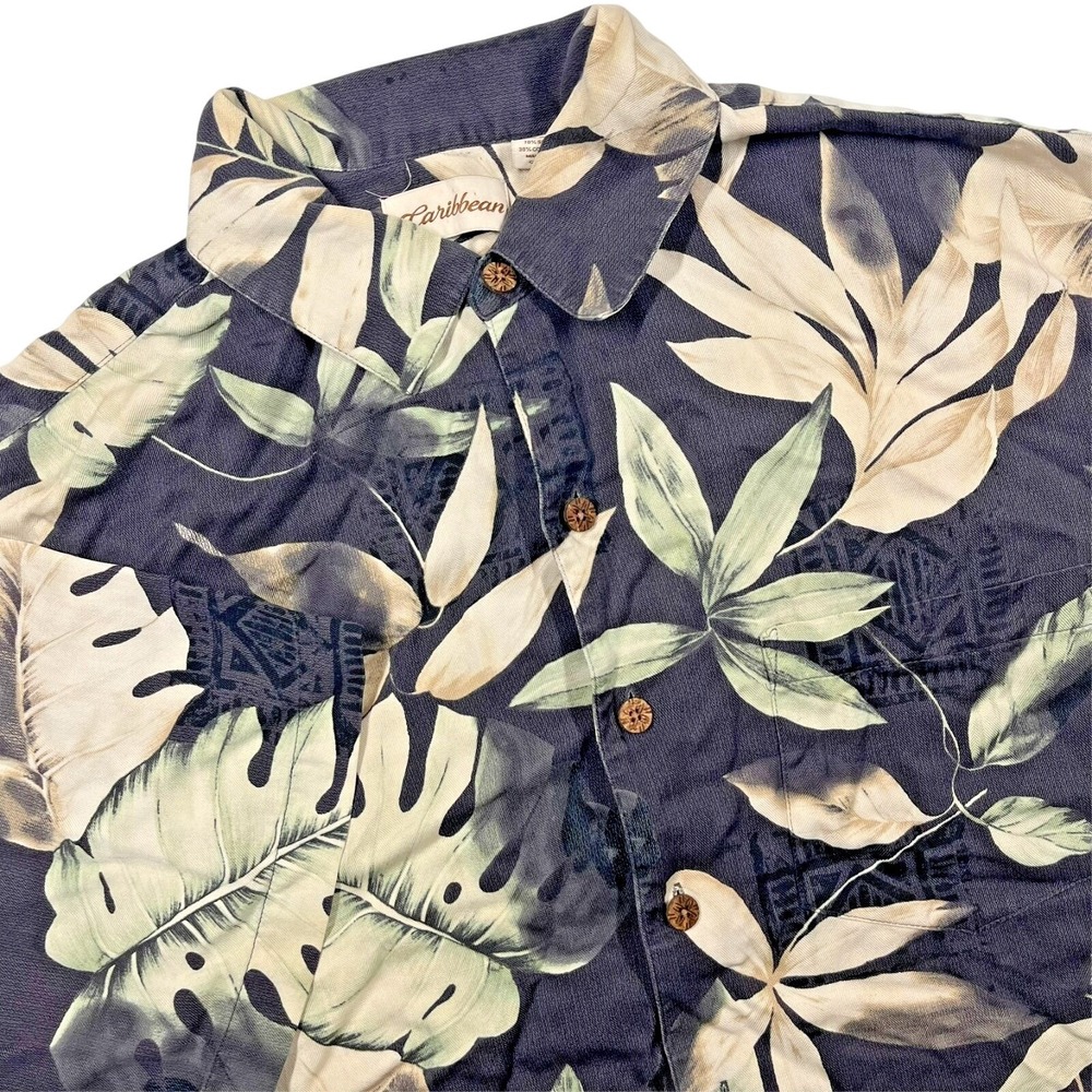 Caribbean Silk Blend Button Up Shirt Mens XL Tropical Leaf Floral Aloha Hawaiian